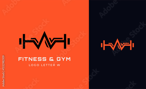 Logo Fitness letter W with Gym equipment concept. Dumbble, bumble, kettlebell concept. Fitness, health, body builder logo design template.