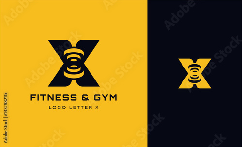 Logo Fitness letter X with Gym equipment concept. Dumbble, bumble, kettlebell concept. Fitness, health, body builder logo design template.