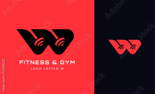 Logo Fitness letter W with Gym equipment concept. Dumbble, bumble, kettlebell concept. Fitness, health, body builder logo design template.