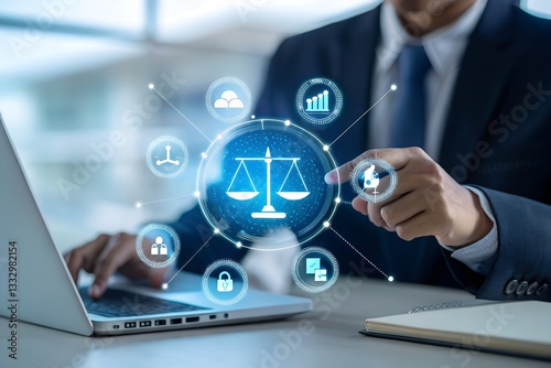 AI ethics and law in artificial intelligence governance. Icons related to AI ethics, symbols of legal scales, security, and global responsibility. ethical standards and regulations in AI technology. 