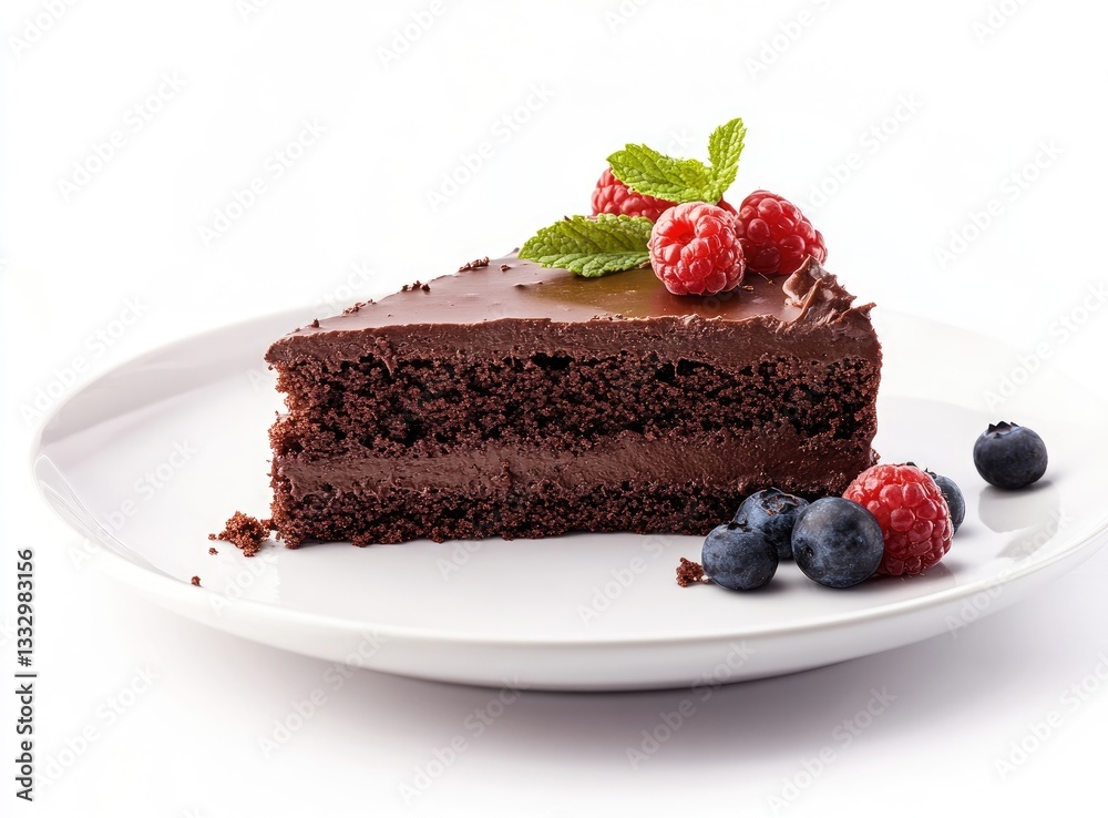 Delicious Chocolate Cake Slice with Berries on Plate Delicious Chocolate Cake Slice with Berries on Plate