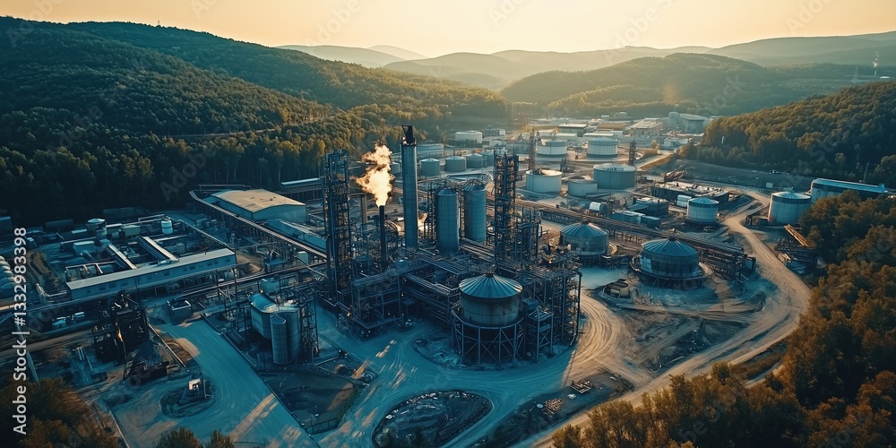 Obraz premium Aerial view of an industrial complex with smokestacks and storage tanks surrounded by mountains.
