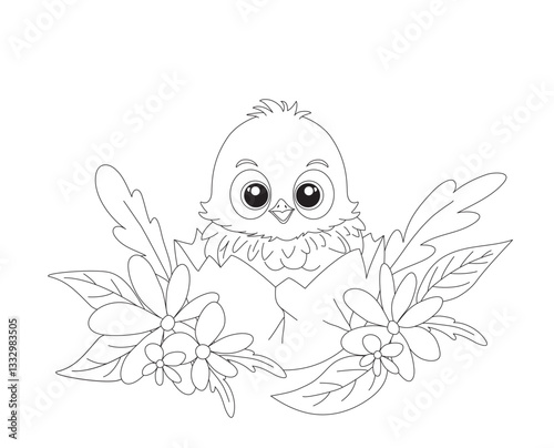 Wallpaper Mural Easter coloring book page. A chick sitting in a broken egg surrounded by flowers and leaves. 
 Torontodigital.ca