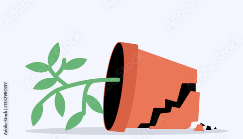 Broken plant pot and soil scattered in floor illustration