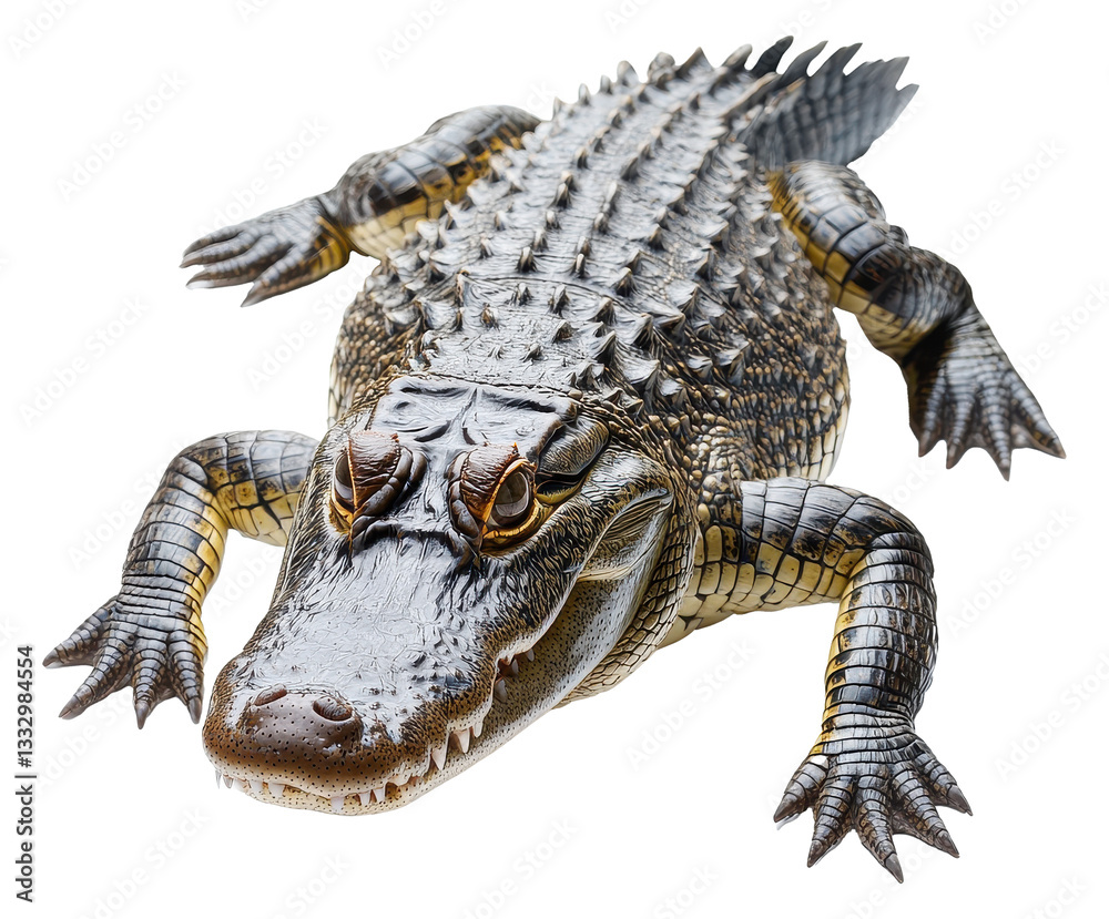 Obraz premium Alligator Crawling View. Wild reptile predator. Isolated transparent png animal. Tropical wildlife background. Crocodile is moving. Nature theme. Reptile illustration.