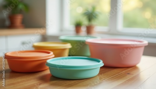 Wallpaper Mural Photorealistic colorful silicone lids with vibrant eco-friendly mood representing reusable kitchen storage neatly arranged on wooden surface Torontodigital.ca