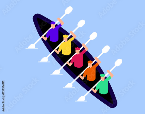 Team members rowing boat together illustration