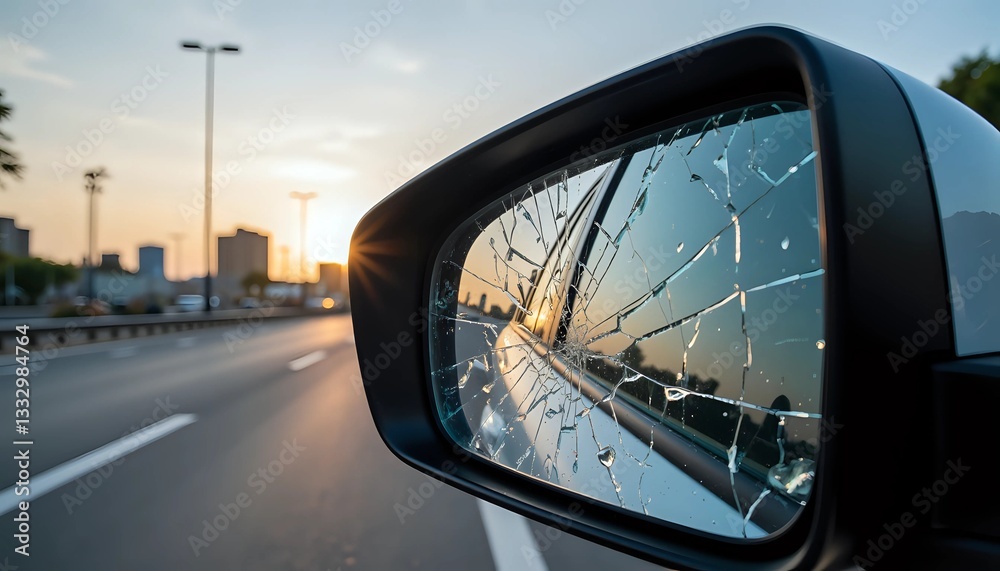 Shattered car side mirror reflecting a city at sunset - accident damage Shattered car side mirror reflecting a city at sunset - accident damage