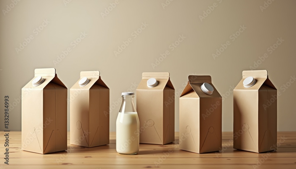 Photorealistic plain cardboard milk and juice cartons with warm eco-friendly mood representing sustainable packaging on wooden surface Photorealistic plain cardboard milk and juice cartons with warm eco-friendly mood representing sustainable packaging on wooden surface