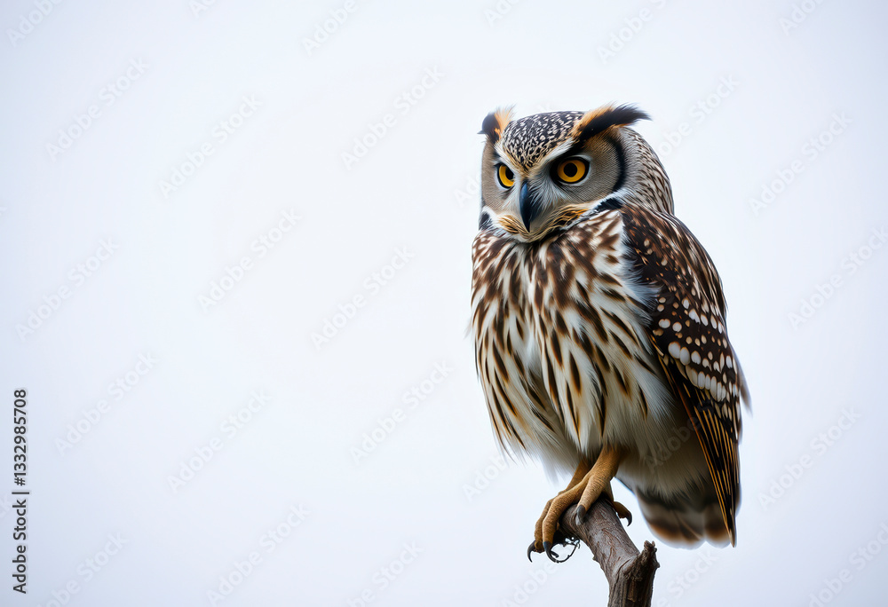 Obraz premium An isolated owl displays its captivating eyes and intricate feather patterns against a neutral backdrop, highlighting its beauty.