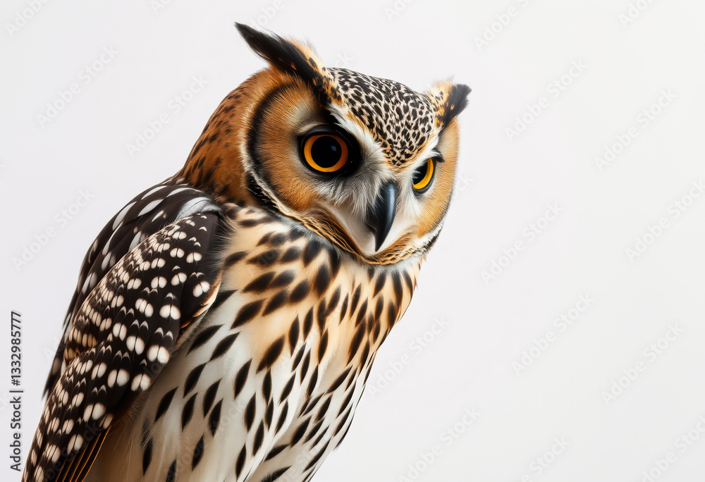 Fototapeta premium An isolated owl displays its captivating eyes and intricate feather patterns against a neutral backdrop, highlighting its beauty.