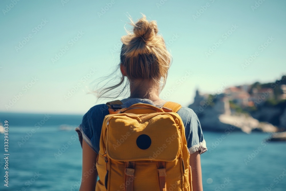 Fototapeta premium Woman with Backpack Looks Out at Ocean View and Distant Town on Coastline