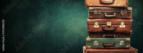 Vintage Pile Ancient Suitcases Design Long Format 
 photo