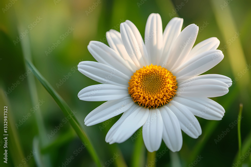 Vivid close-up of a white daisy blooming gracefully with radiant golden center in natural light Vivid close-up of a white daisy blooming gracefully with radiant golden center in natural light