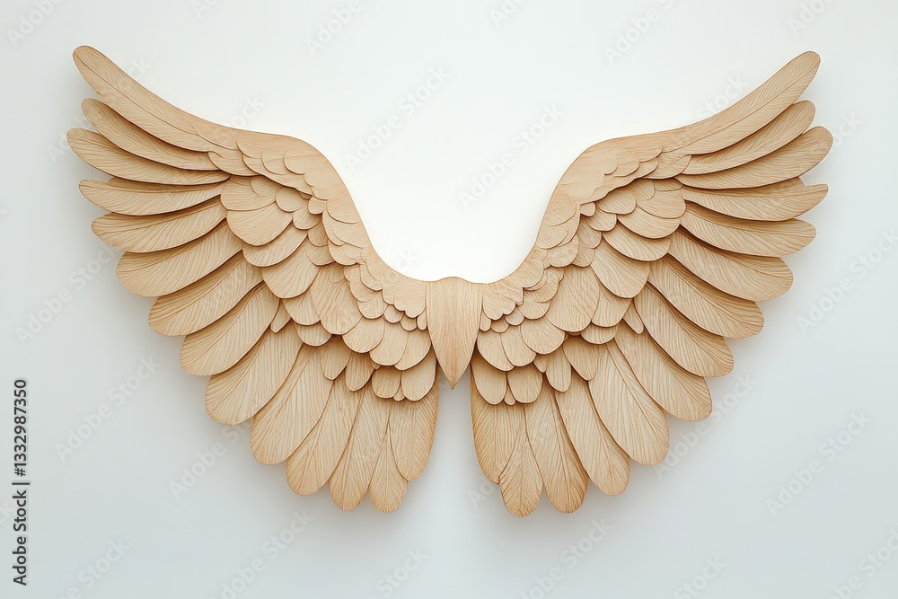 Obraz premium Large wooden angel wings are mounted against a white wall