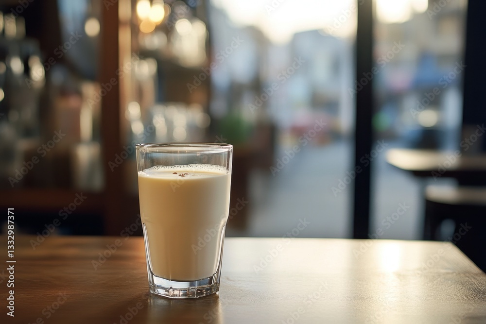 Creamy Eggnog Drink in Glass on Wooden Table at Cafe, Blurred Background Creamy Eggnog Drink in Glass on Wooden Table at Cafe, Blurred Background