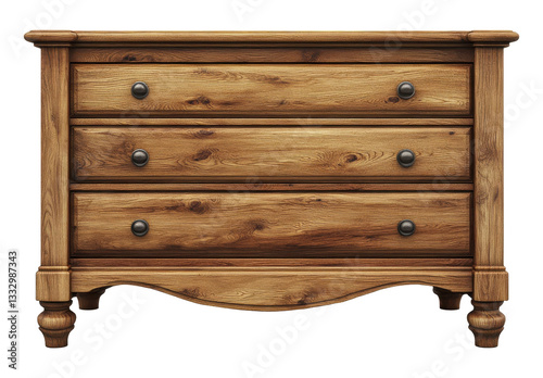 Wooden dresser front view. Three drawer cabinet. Isolated furniture element. Transparent PNG background. Dresser png. Wood texture. Storage object.