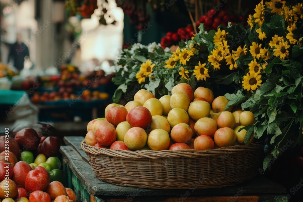Wicker Basket Overflowing with Fresh Apples and Bright Sunflowers at a Vibrant Outdoor Market Wicker Basket Overflowing with Fresh Apples and Bright Sunflowers at a Vibrant Outdoor Market