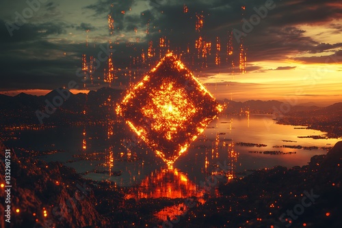 Fiery Cube Sunset Landscape.