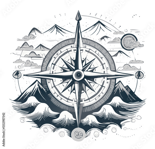 Compass surrounded by mountains and waves, in line art style. Thin lines create detailed landscapes, with light hatching for texture. Compass rose in the center, with subtle ornaments around.