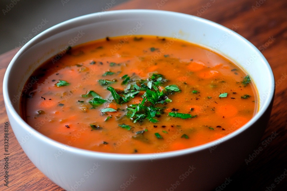 A bowl of vibrant tomato soup features chunks of vegetables and is garnished with fresh herbs. This comforting dish is perfect for warming up during the chilly winter months A bowl of vibrant tomato soup features chunks of vegetables and is garnished with fresh herbs. This comforting dish is perfect for warming up during the chilly winter months