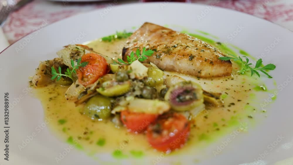 Close up of grilled salmon with vegetables on a white plate at a restaurant Close up of grilled salmon with vegetables on a white plate at a restaurant