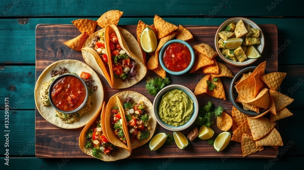 Delicious Tacos with Guacamole and Salsa on Wooden Board Delicious Tacos with Guacamole and Salsa on Wooden Board