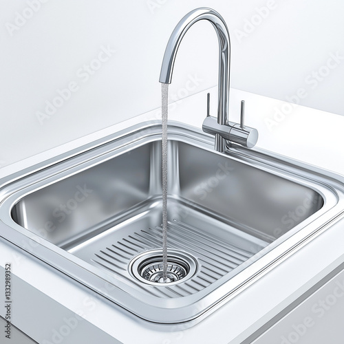 Modern kitchen sink featuring a shiny water drain, showcasing clear water flow and pristine functionality