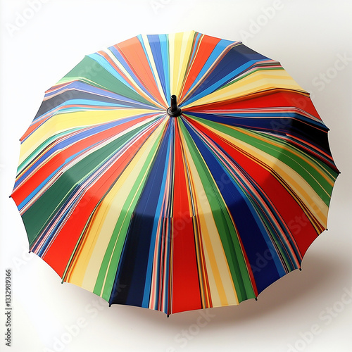Vivid striped umbrella with vibrant colors, captured against a dynamic backdrop exuding playful urban energy