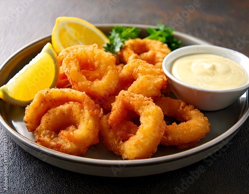 Crispy fried calamari served with a side of garlic aioli and a wedge of lemon, served on a white porcelain plate in a restaurant