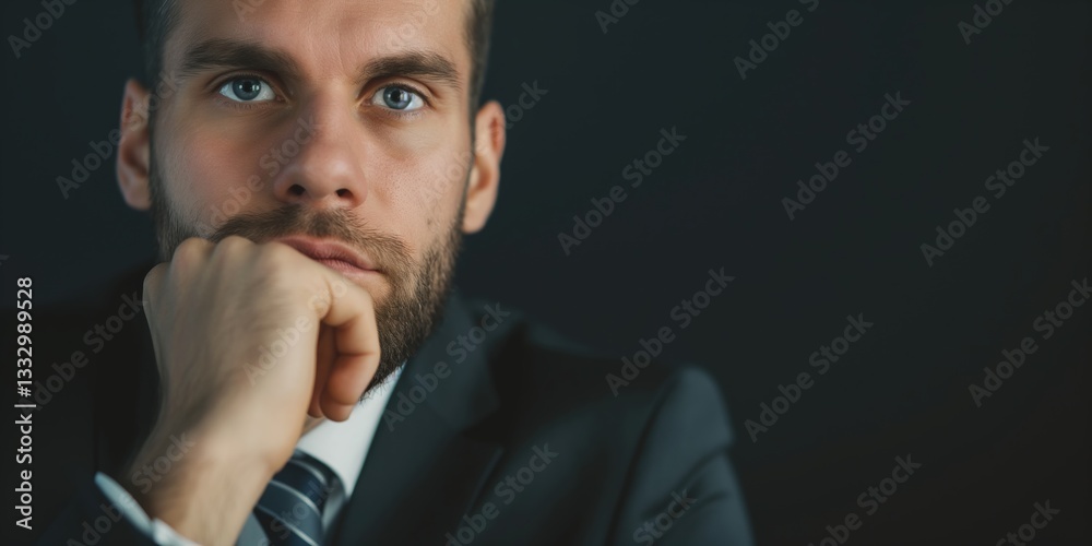 A thoughtful man in a suit rests his chin on his hand against a dark background, representing introspection, professionalism, and serious contemplation. A thoughtful man in a suit rests his chin on his hand against a dark background, representing introspection, professionalism, and serious contemplation.