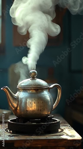 Vintage teapot steaming on a stove in a cozy kitchen setting