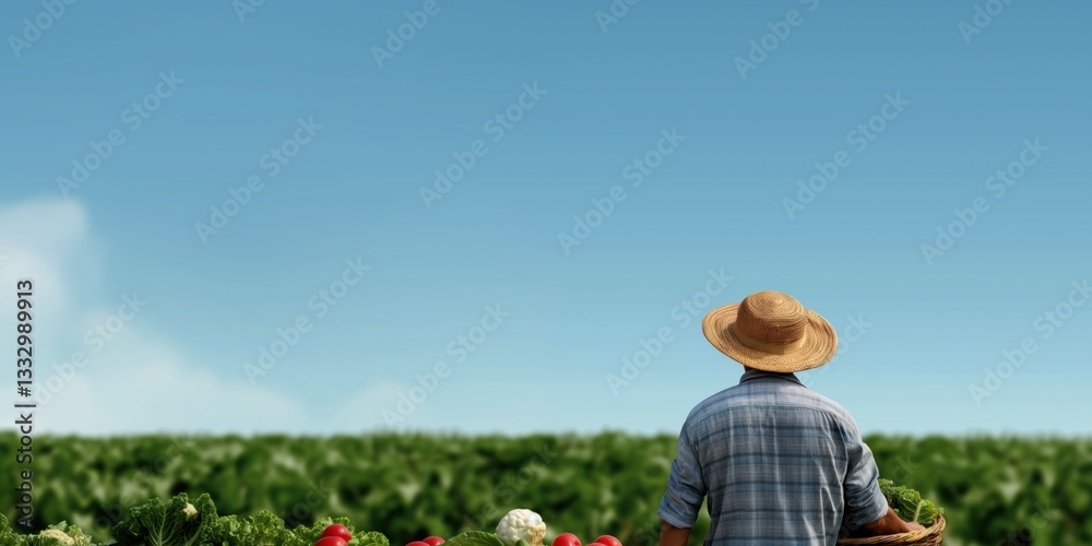 Fototapeta premium A hardworking farmer stands in a lush vegetable field, symbolizing dedication and the beauty of agriculture. The bright colors evoke a sense of vitality and growth.