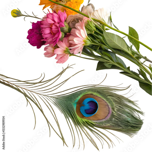 Peacock Feather & Flowers: Nature Background isolated on transparent background