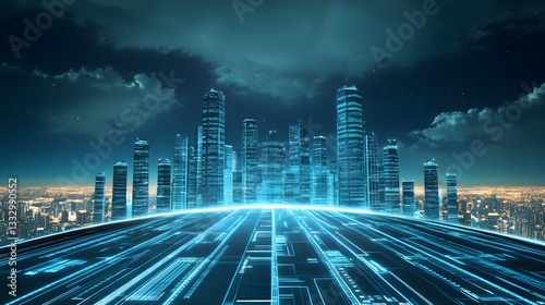 A floating cyber-city blueprint with energy-efficient skyscrapers, AI traffic management, and modular construction.