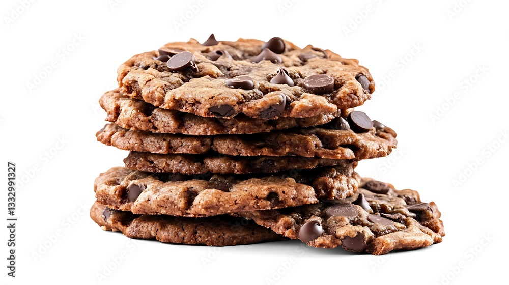 A delicious pile of isolated chocolate chip cookies, baked brown and sweet A delicious pile of isolated chocolate chip cookies, baked brown and sweet