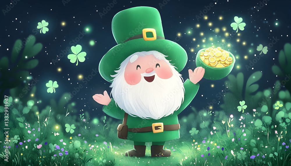 Fototapeta premium Cartoon Leprechaun with Gold Coins in Night Forest