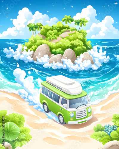 Cartoon van on tropical island beach.  Possible stock photo use