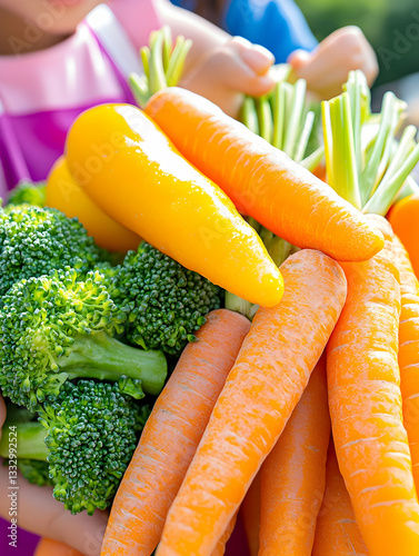 Child holding freshly harvested carrots and broccoli