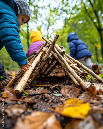 Children building a small fire pit in autumn forest. Possible use Educational resource for teaching about nature