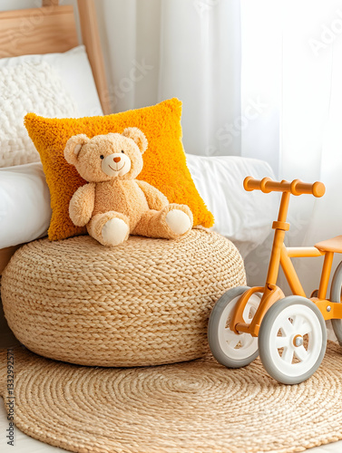Child's bedroom, teddy bear, bike, cozy, soft
