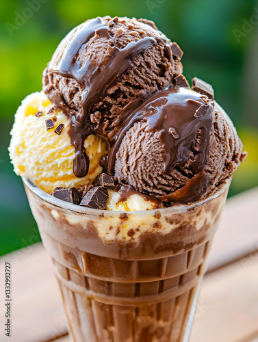 Chocolate and vanilla ice cream sundae in a glass