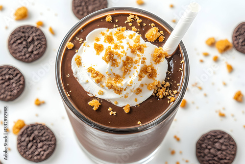 Chocolate Cookie Smoothie in Glass, Topped with Whipped Cream and Crumbles, on White Background