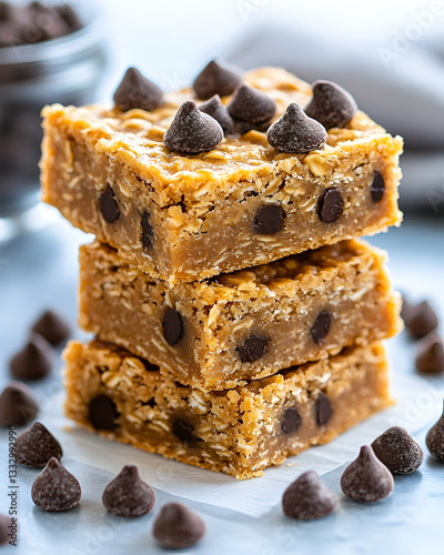 Chocolate chip oat bars stacked, close-up