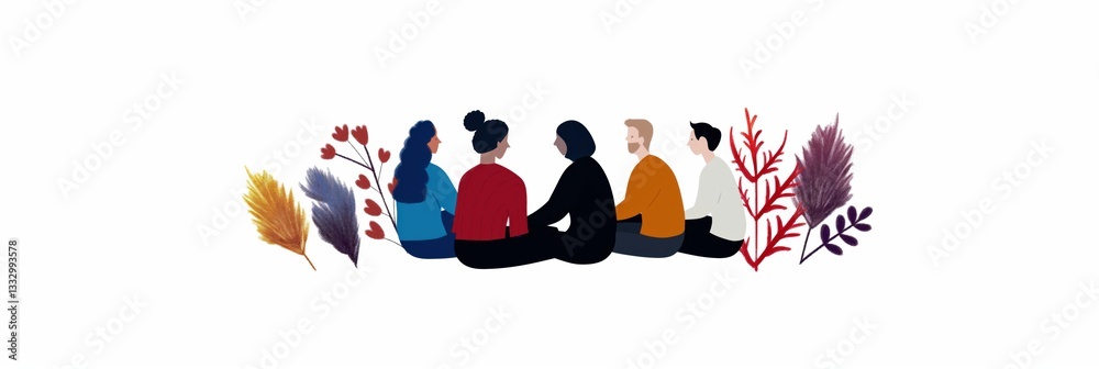This colorful vector illustration portrays a diverse group of people sitting together, representing unity, friendship, and the celebration of cultural diversity.