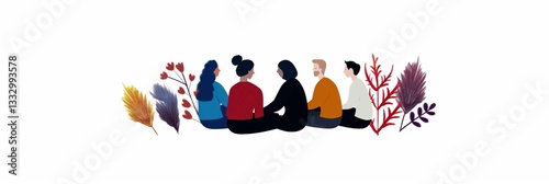 Obraz na płótnie This colorful vector illustration portrays a diverse group of people sitting together, representing unity, friendship, and the celebration of cultural diversity. w salonie