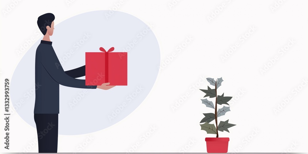 A man holds a beautifully wrapped gift in front of a decorative potted plant. The scene emphasizes the joy of giving and the atmosphere of celebration and warmth.
