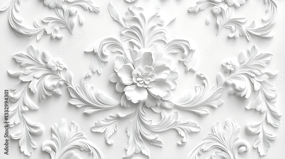 Fototapeta premium Intricate White Floral Relief Pattern, Intricate white floral relief pattern on a textured surface