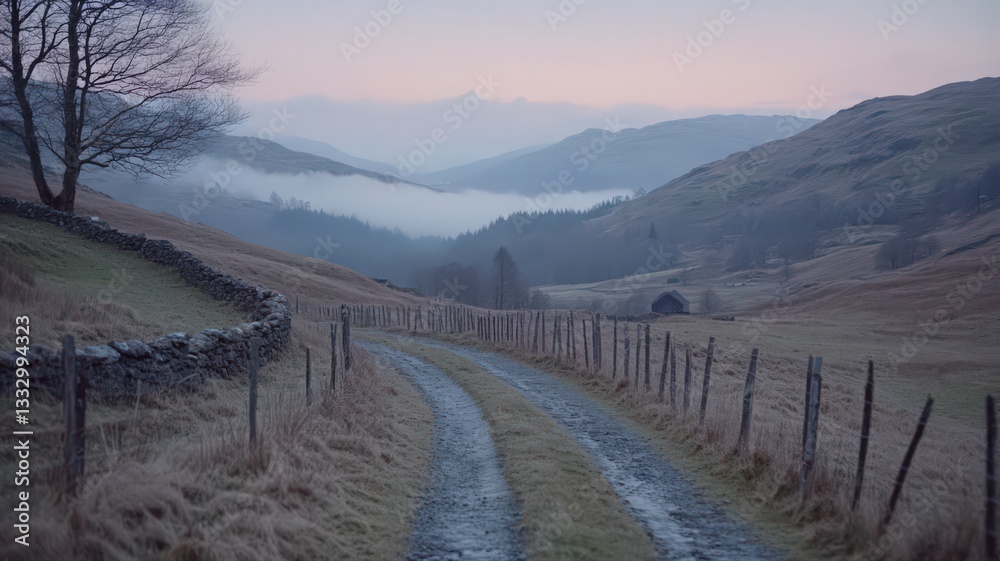 Fototapeta premium Misty Valley Landscape: Dirt Road Winding Through Rolling Hills at Dawn