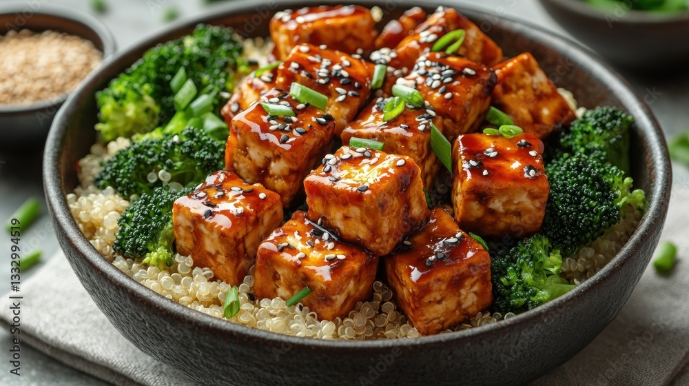 Teriyaki tofu with quinoa and broccoli in a bowl, healthy vegan meal Teriyaki tofu with quinoa and broccoli in a bowl, healthy vegan meal